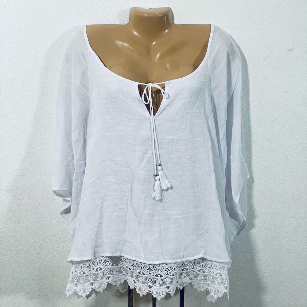NWT Gorgeous Unique Spectrum 3X White 3/4 Bell Sleeve Crochet Flowy Peasant Top